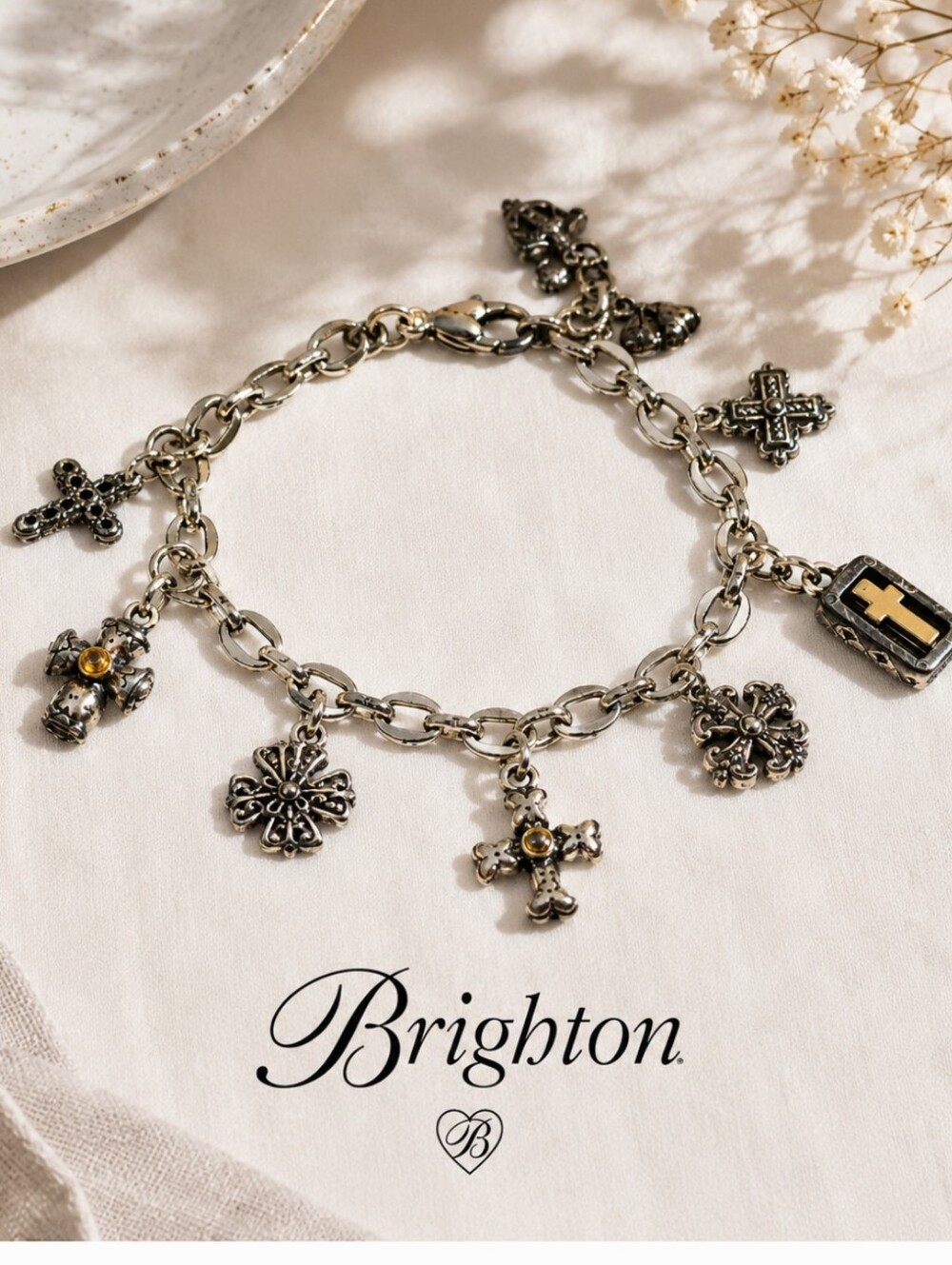 Brighton Retired Faith Cross Charm Bracelet Silver Gold Tone Christian Religious